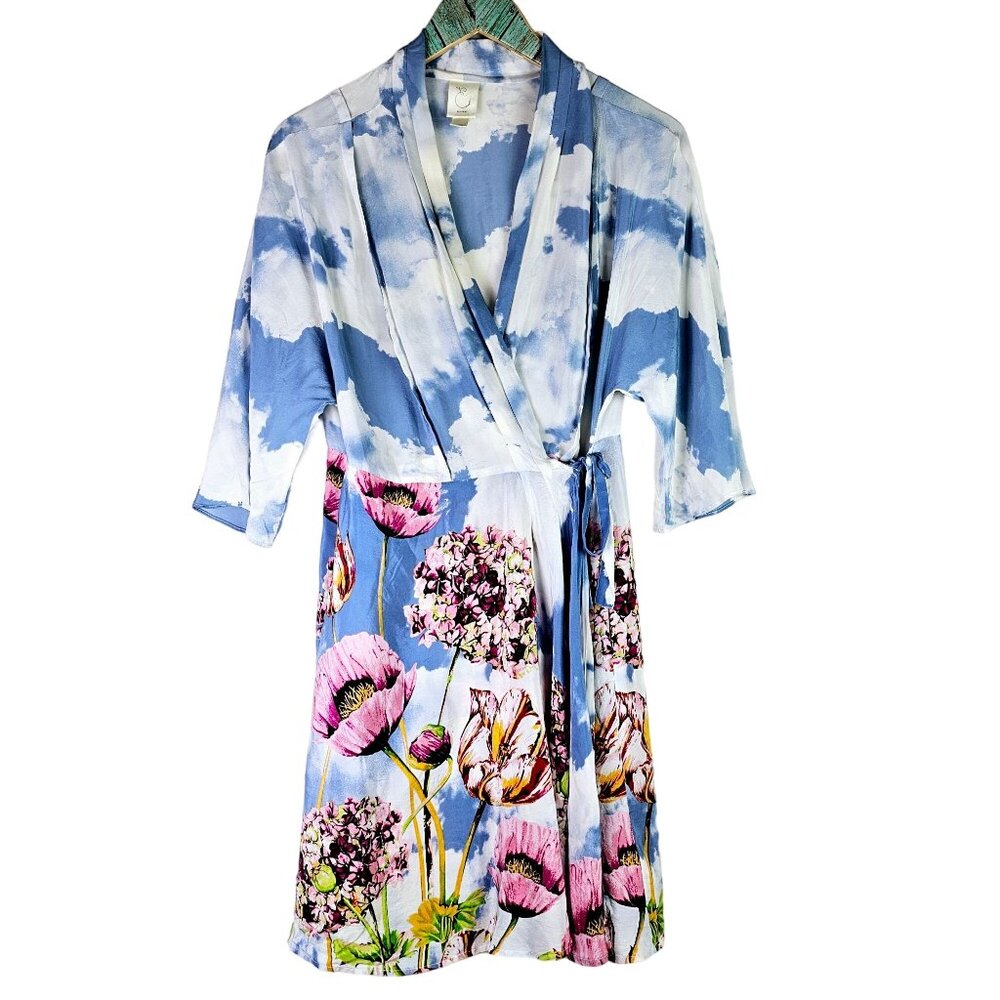 E by Eloise Anthropologie Lightweight Floral Sky Print 100% SILK Wrap Dress, M